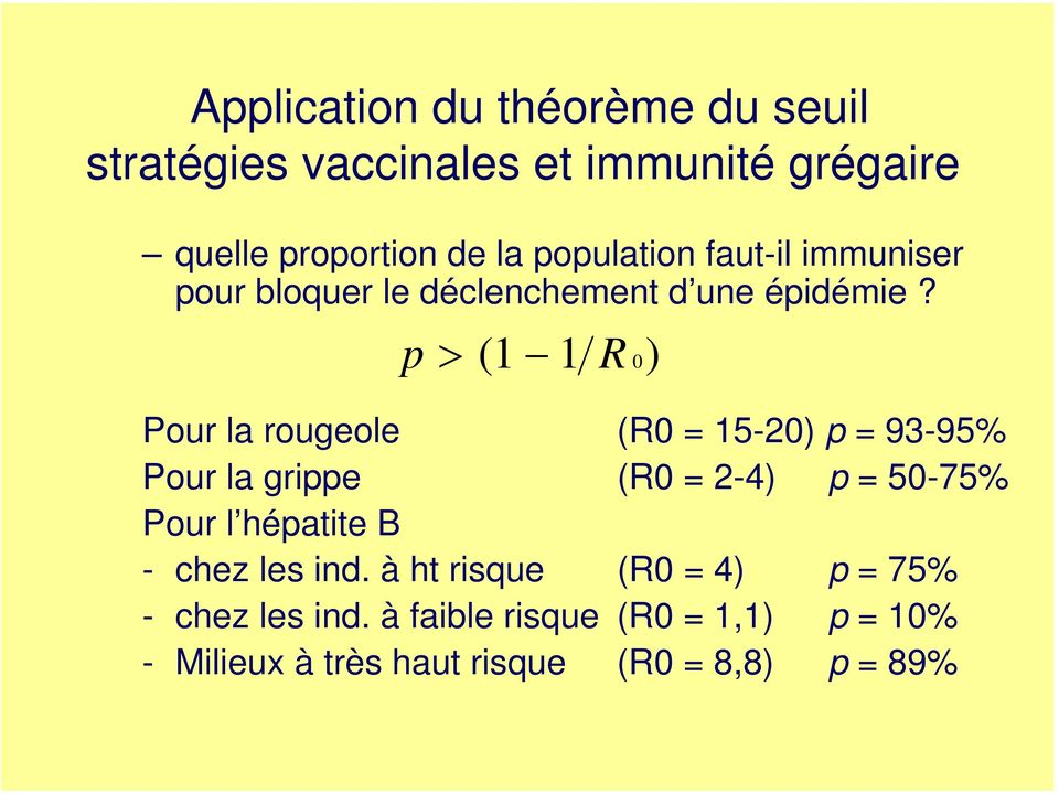 p > (1 1 R 0) Pour la rougeole (R0 = 15-20) p = 93-95% Pour la grippe (R0 = 2-4) p = 50-75% Pour l