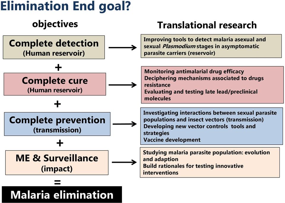 research Improving tools to detect malaria asexual and sexual Plasmodium stages in asymptomatic parasite carriers (reservoir) Monitoring antimalarial drug efficacy Deciphering mechanisms