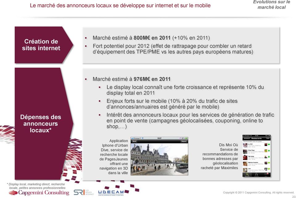 une forte croissance et représente 10% du display total en 2011 Enjeux forts sur le mobile (10% à 20% du trafic de sites d annonces/annuaires est généré par le mobile) Intérêt des annonceurs locaux