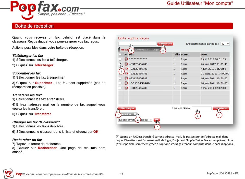 3) Cliquez sur Supprimer. Les fax sont supprimés (pas de récupération possible). Transférer les fax* 1) Sélectionner les fax à transférer.