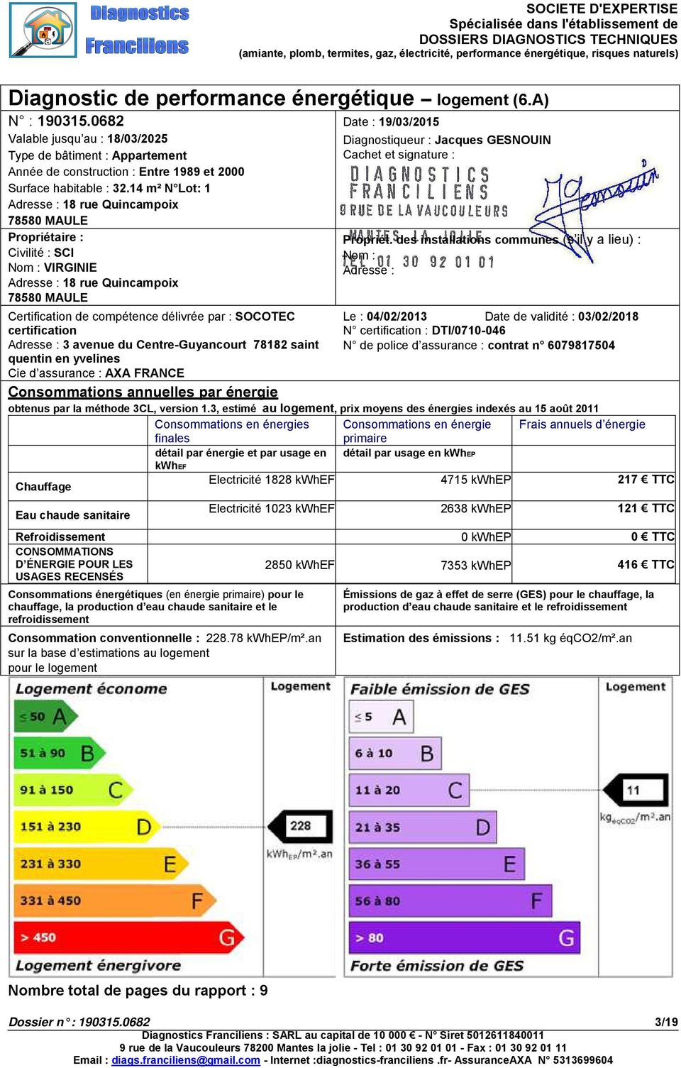 certification Adresse : 3 avenue du Centre-Guyancourt 78182 saint quentin en yvelines Cie d assurance : AXA FRANCE Date : 19/3/215 Diagnostiqueur : Jacques GESNOUIN Cachet et signature : Propriét.