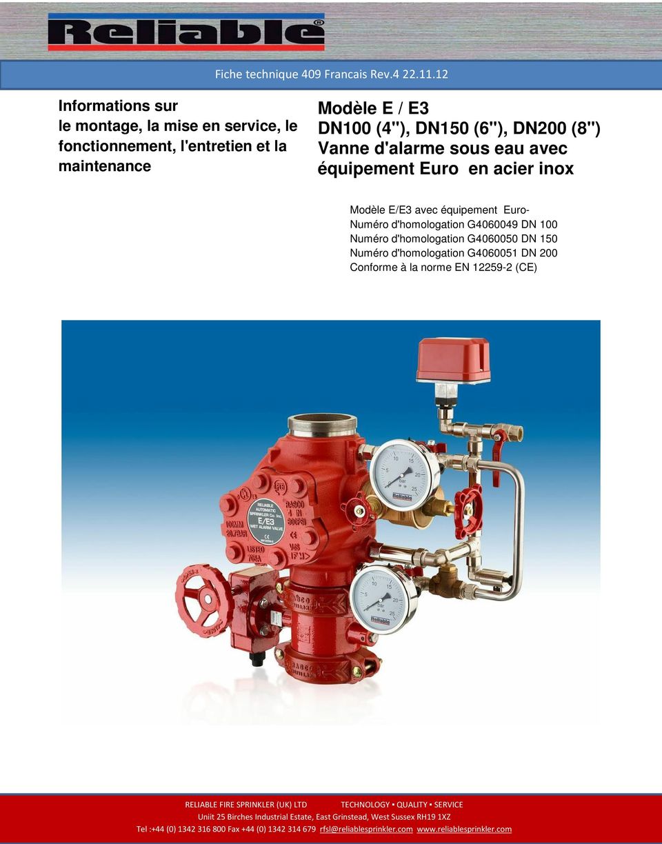 E / E3 DN100 (4"), DN150 (6"), DN200 (8") Vanne d'alarme sous eau avec équipement Euro en acier inox Modèle