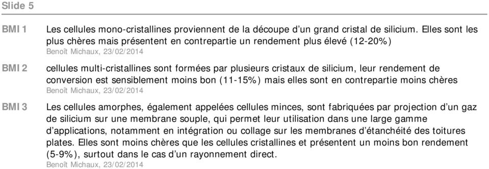 leur rendement de conversion est sensiblement moins bon (11-15%) mais elles sont en contrepartie moins chères Benoît Michaux, 23/02/2014 Les cellules amorphes, également appelées cellules minces,