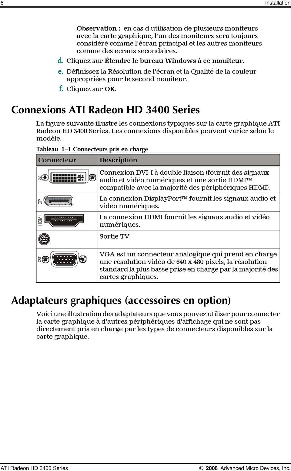 Connexions ATI Radeon HD 3400 Series La figure suivante illustre les connexions typiques sur la carte graphique ATI Radeon HD 3400 Series. Les connexions disponibles peuvent varier selon le modèle.