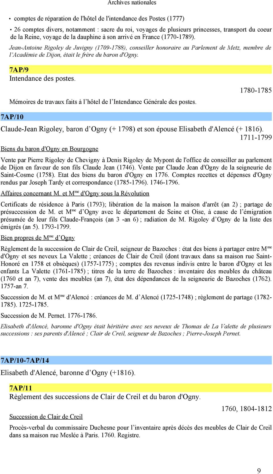 7AP/9 Intendance des postes. Mémoires de travaux faits à l hôtel de l Intendance Générale des postes.