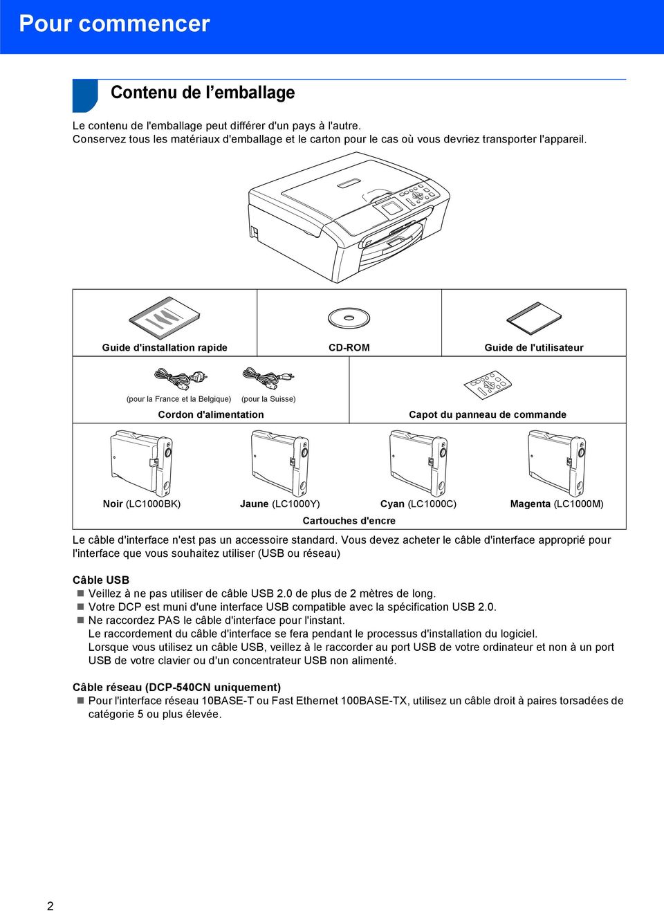 Guide d'installation rapide CD-ROM Guide de l'utilisateur (pour la France et la Belgique) (pour la Suisse) Cordon d'alimentation Capot du panneau de commande Noir (LC1000BK) Jaune (LC1000Y) Cyan