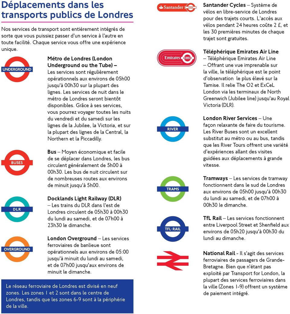 Métro de Londres (London Underground ou the Tube) Les services sont régulièrement opérationnels aux environs de 05h00 jusqu'à 00h30 sur la plupart des lignes.