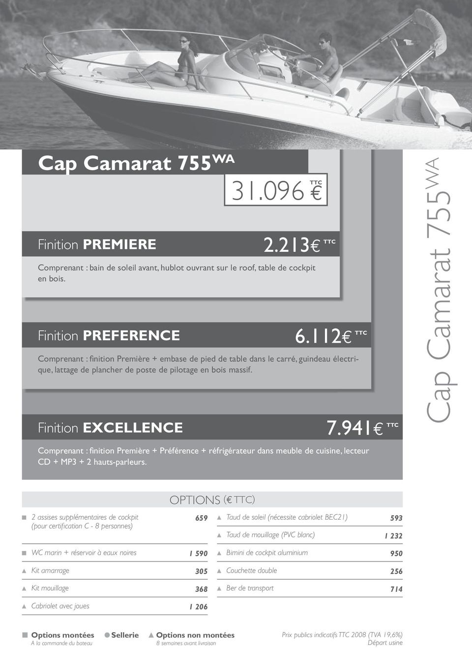 941 TTC Cap Camarat 755 WA Comprenant : fi nition Première + Préférence + réfrigérateur dans meuble de cuisine, lecteur CD + MP3 + 2 hauts-parleurs.