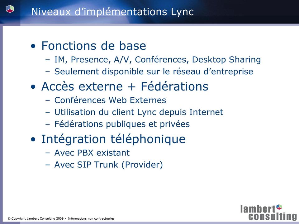 Utilisation du client Lync depuis Internet Fédérations publiques et privées Intégration téléphonique