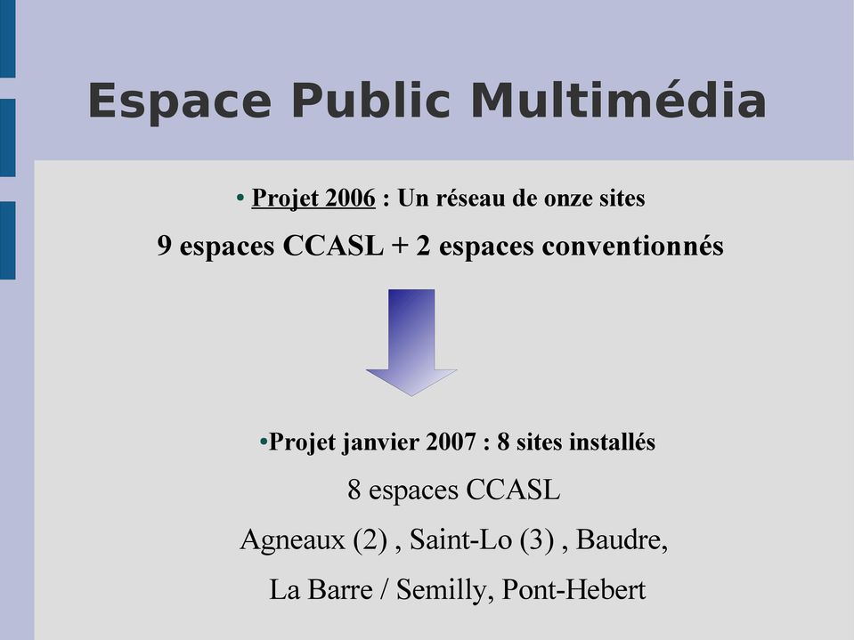 janvier 2007 : 8 sites installés 8 espaces CCASL Agneaux