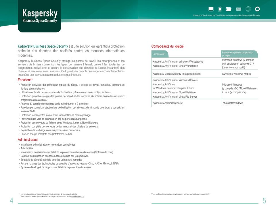 Kaspersky Business Space Security protège les postes de travail, les smartphones et les serveurs de fichiers contre tous les types de menace Internet, prévient les épidémies de programmes