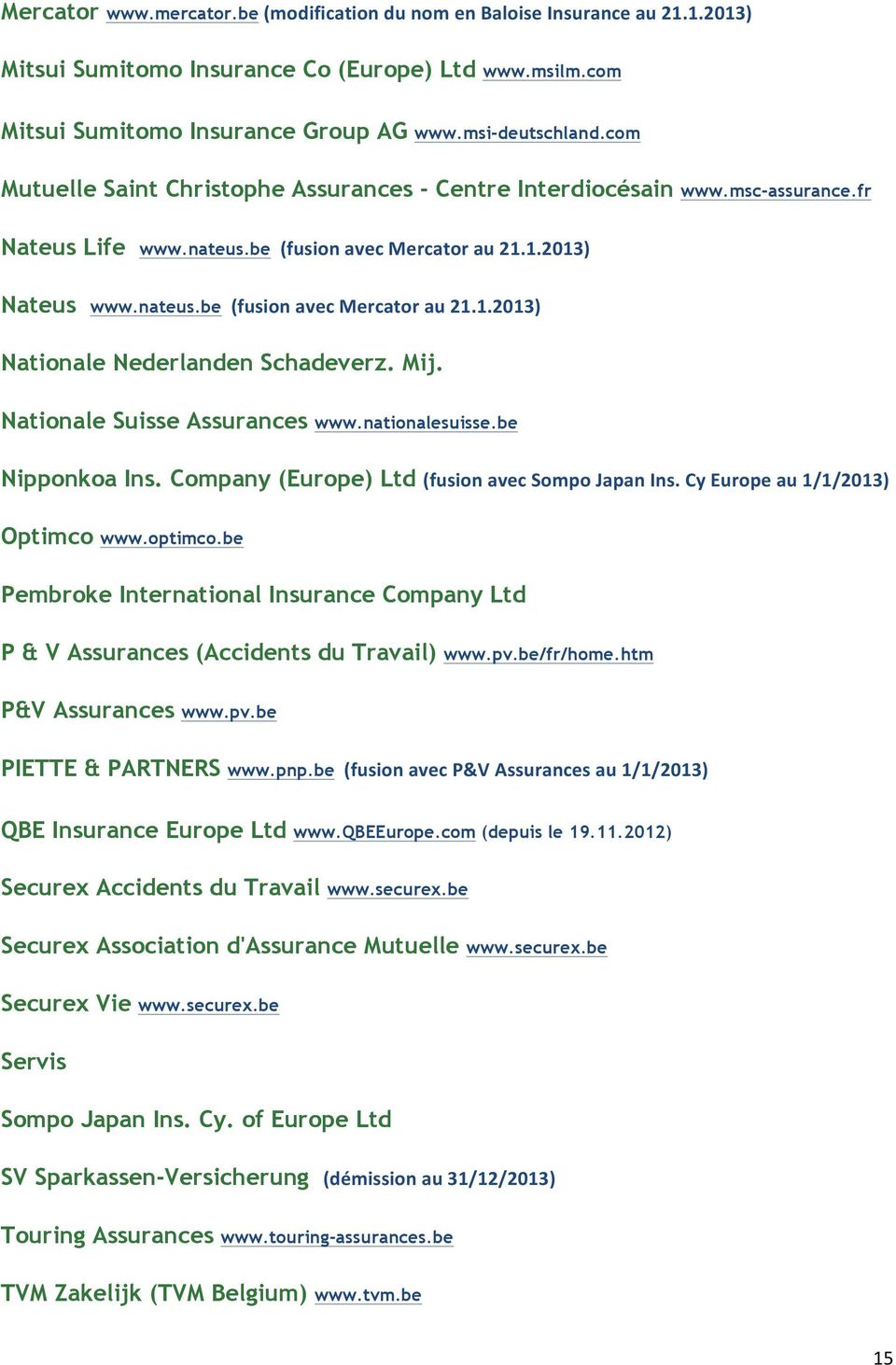Mij. Nationale Suisse Assurances www.nationalesuisse.be Nipponkoa Ins. Company (Europe) Ltd (fusion avec Sompo Japan Ins. Cy Europe au 1/1/2013) Optimco www.optimco.