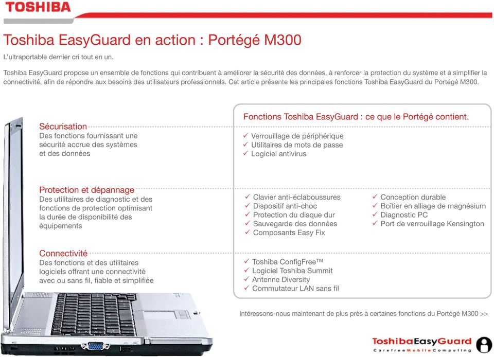 besoins des utilisateurs professionnels. Cet article présente les principales fonctions Toshiba EasyGuard du Portégé M300.