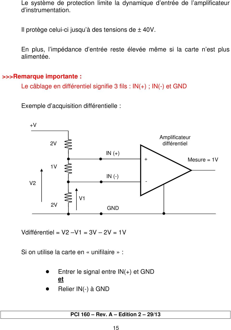 >>>Remarque importante : Le câblage en différentiel signifie 3 fils : IN(+) ; IN(-) et GND Exemple d acquisition différentielle : +V 2V