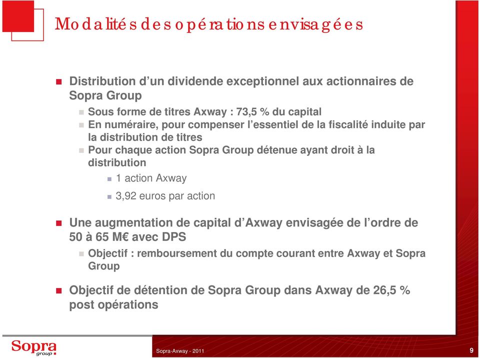 droit à la distribution 1 action Axway 3,92 euros par action Une augmentation de capital d Axway envisagée de l ordre de 50 à 65 M avec DPS Objectif