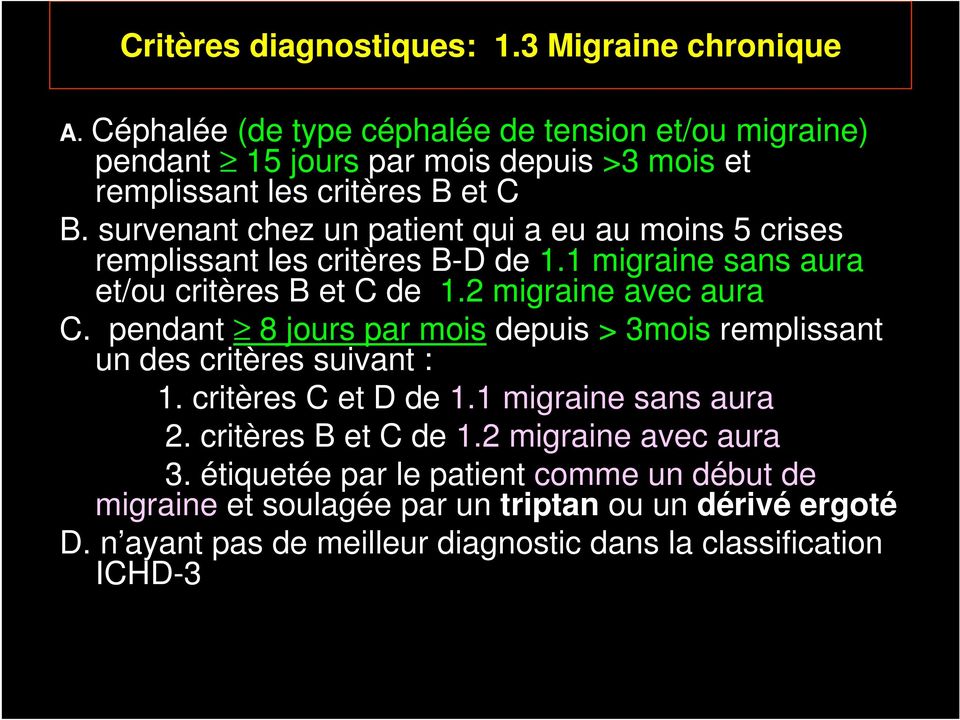 survenant chez un patient qui a eu au moins 5 crises remplissant les critères B-D de 1.1 migraine sans aura et/ou critères B et C de 1.2 migraine avec aura C.