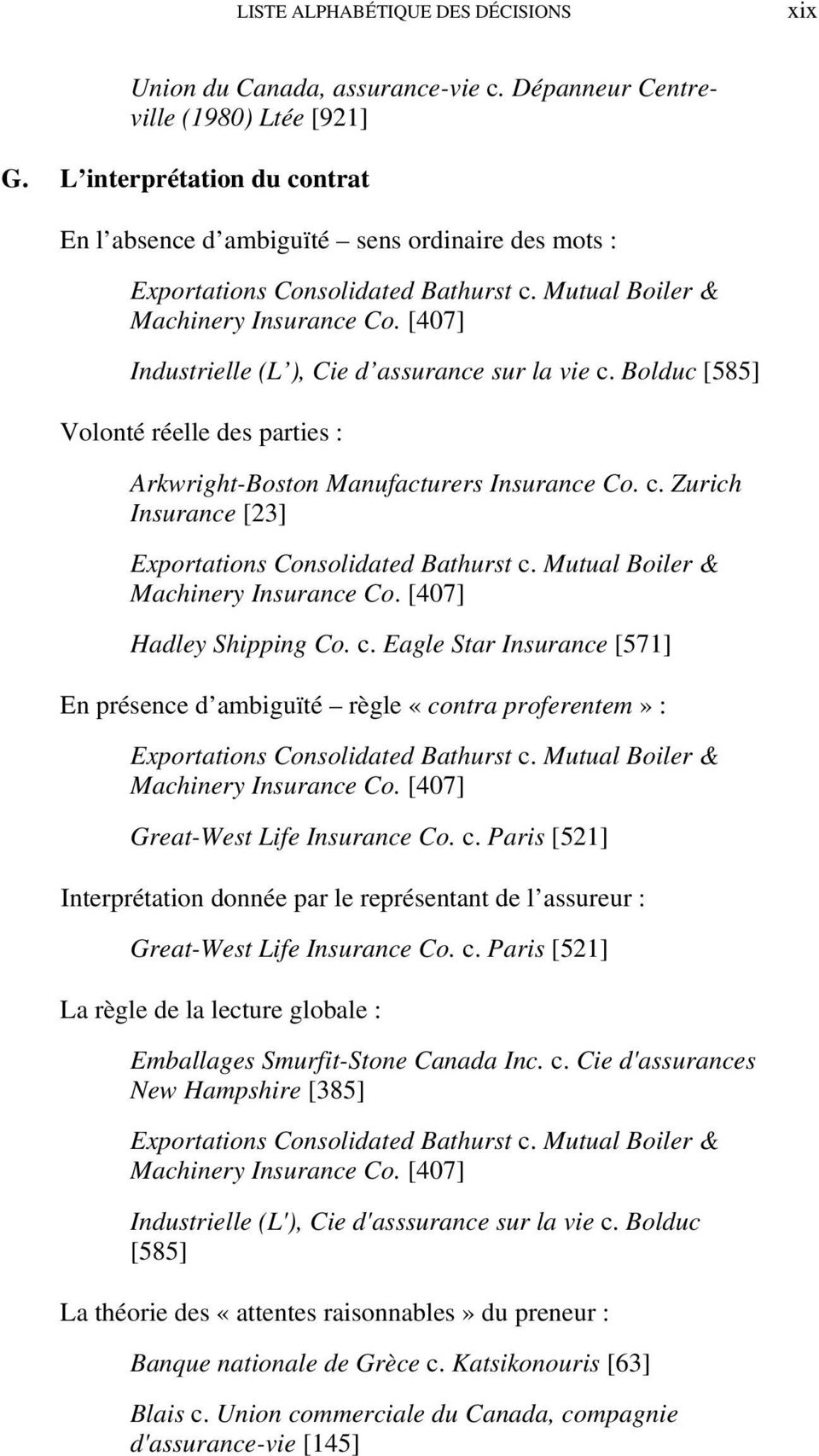 [407] Industrielle (L ), Cie d assurance sur la vie c. Bolduc [585] Volonté réelle des parties : Arkwright-Boston Manufacturers Insurance Co. c. Zurich Insurance [23] Exportations Consolidated Bathurst c.