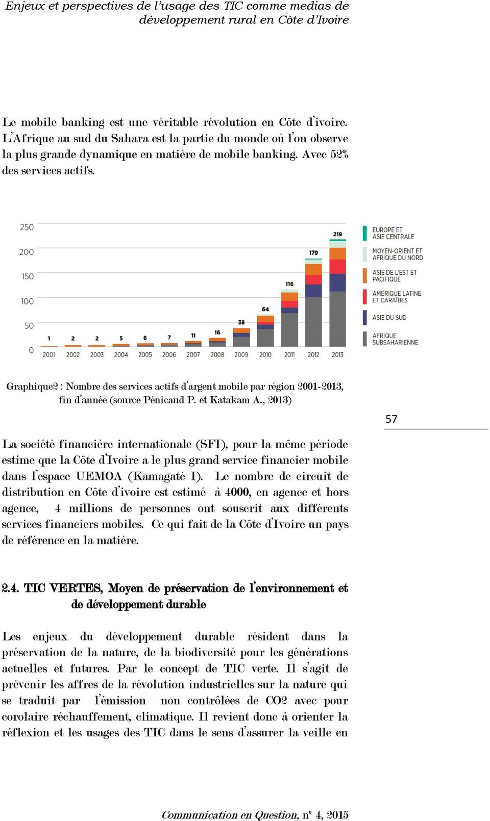 Graphique2 : Nombre des services actifs d argent mobile par région 2001-2013, fin d année (source Pénicaud P. et Katakam A.