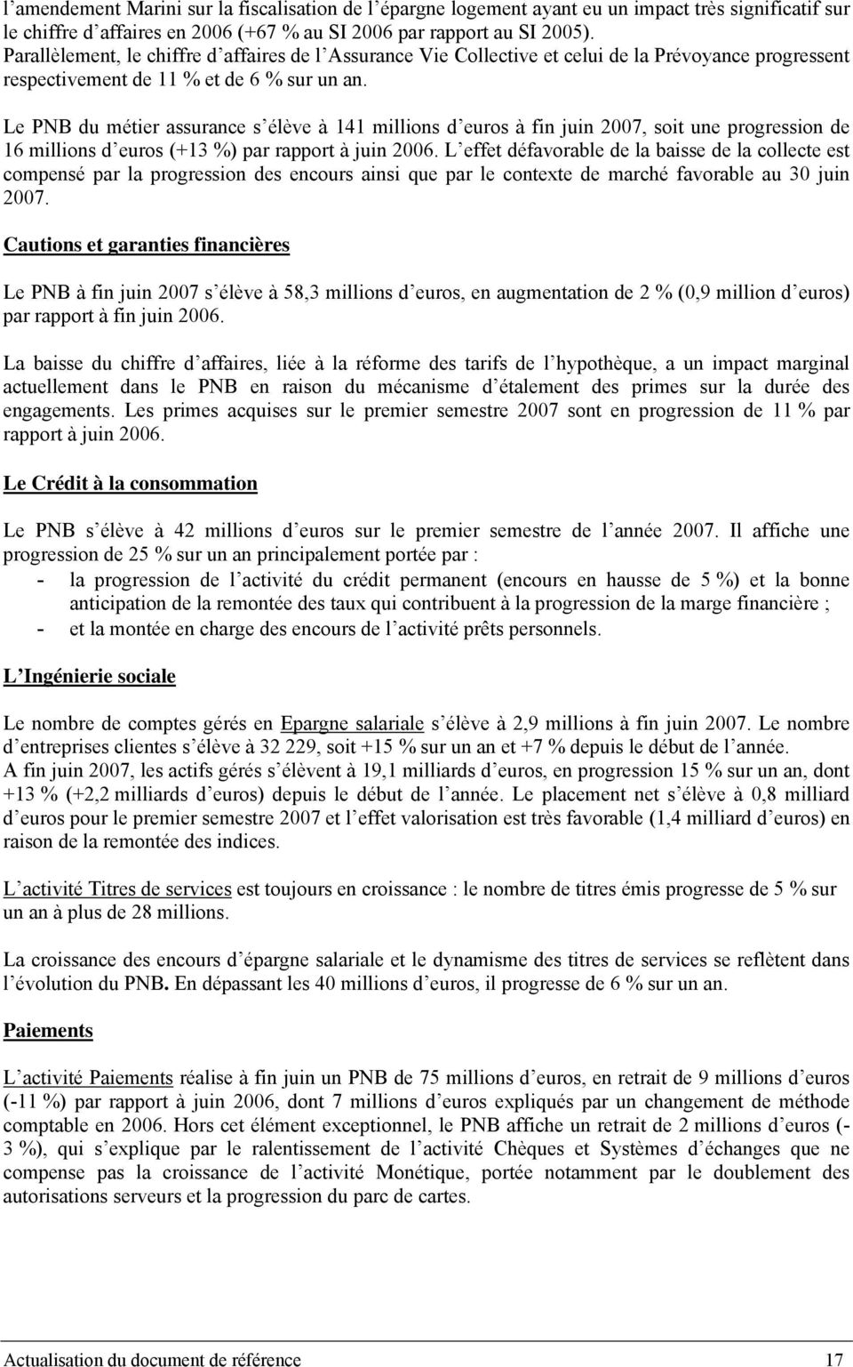 Le PNB du métier assurance s élève à 141 millions d euros à fin juin 2007, soit une progression de 16 millions d euros (+13 %) par rapport à juin 2006.