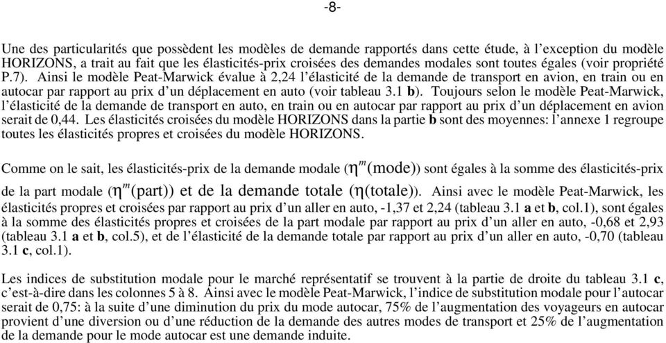 Ainsi le modèle Peat-Marwick évalue à 2,24 l élasticité de la demande de transport en avion, en train ou en autocar par rapport au prix d un déplacement en auto (voir tableau 3.1 b).