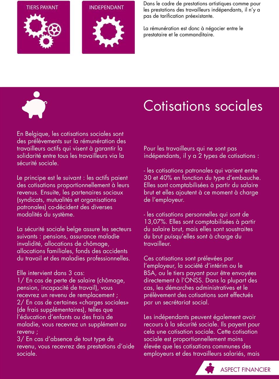 Cotisations sociales En Belgique, les cotisations sociales sont des prélèvements sur la rémunération des travailleurs actifs qui visent à garantir la solidarité entre tous les travailleurs via la