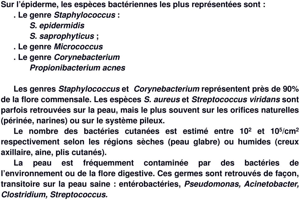 aureus et Streptococcus viridans sont parfois retrouvées sur la peau, mais le plus souvent sur les orifices naturelles (périnée, narines) ou sur le système pileux.