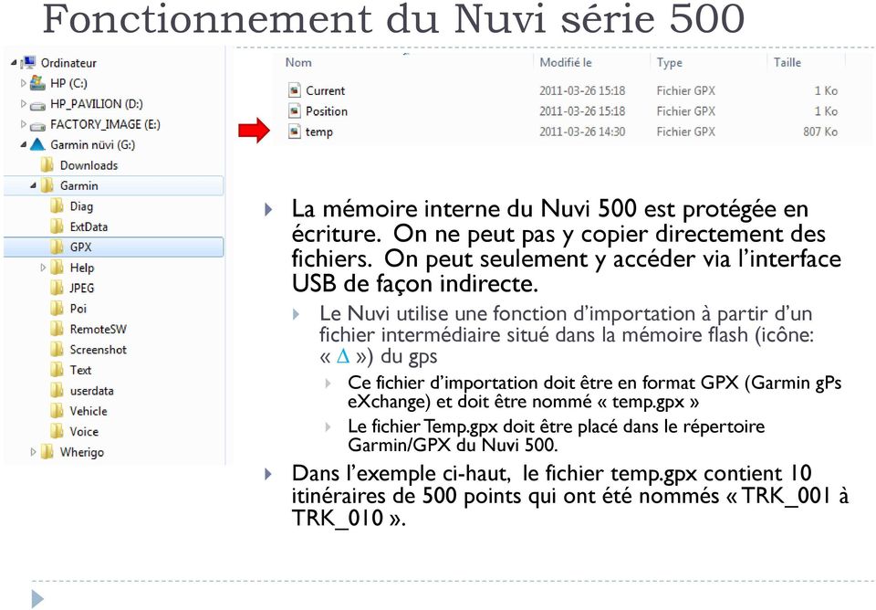 Le Nuvi utilise une fonction d importation à partir d un fichier intermédiaire situé dans la mémoire flash (icône: ) du gps Ce fichier d importation doit être