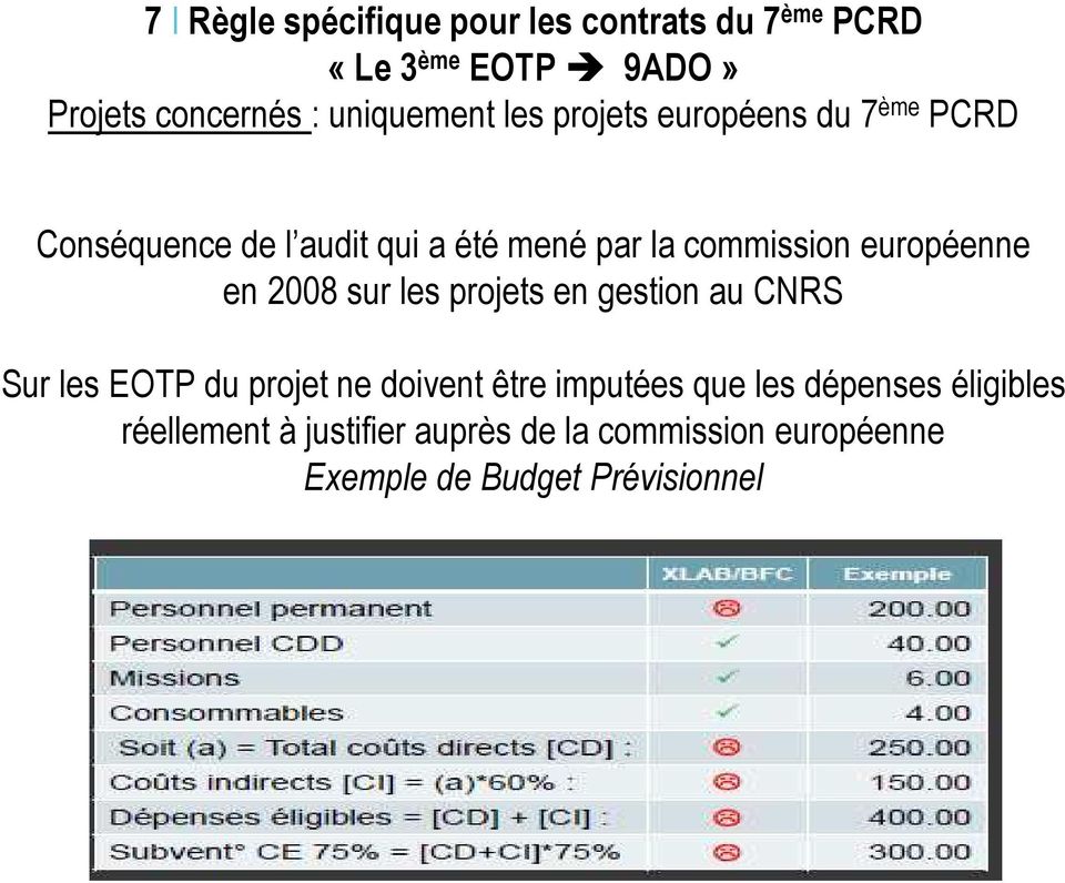 européenne en 2008 sur les projets en gestion au CNRS Sur les EOTP du projet ne doivent être imputées