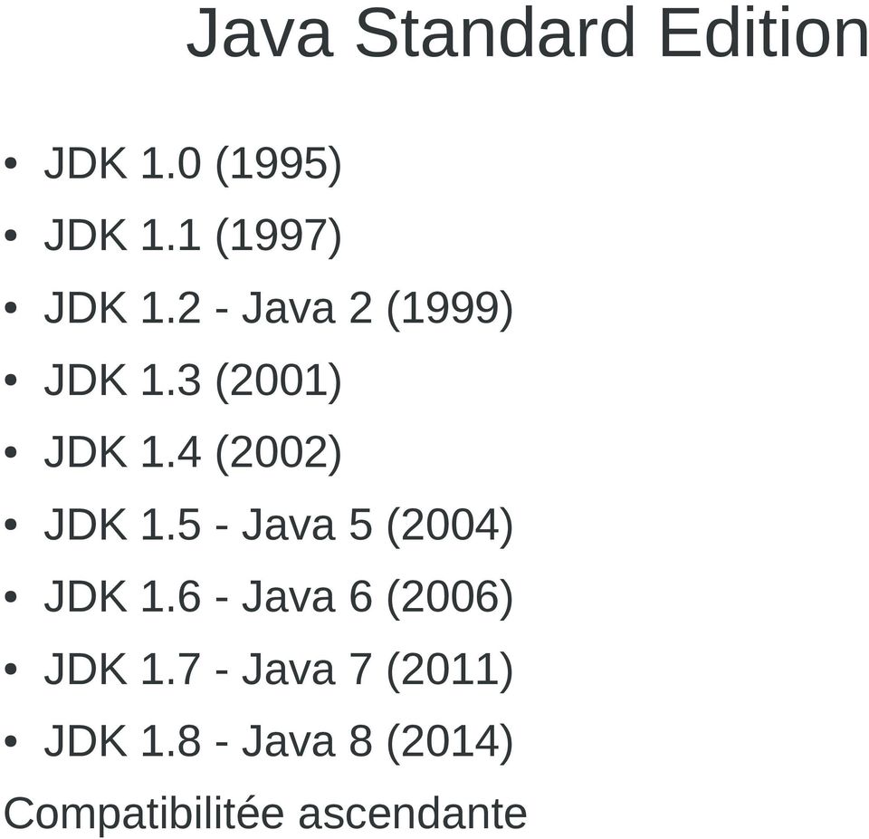 4 (2002) JDK 1.5 - Java 5 (2004) JDK 1.