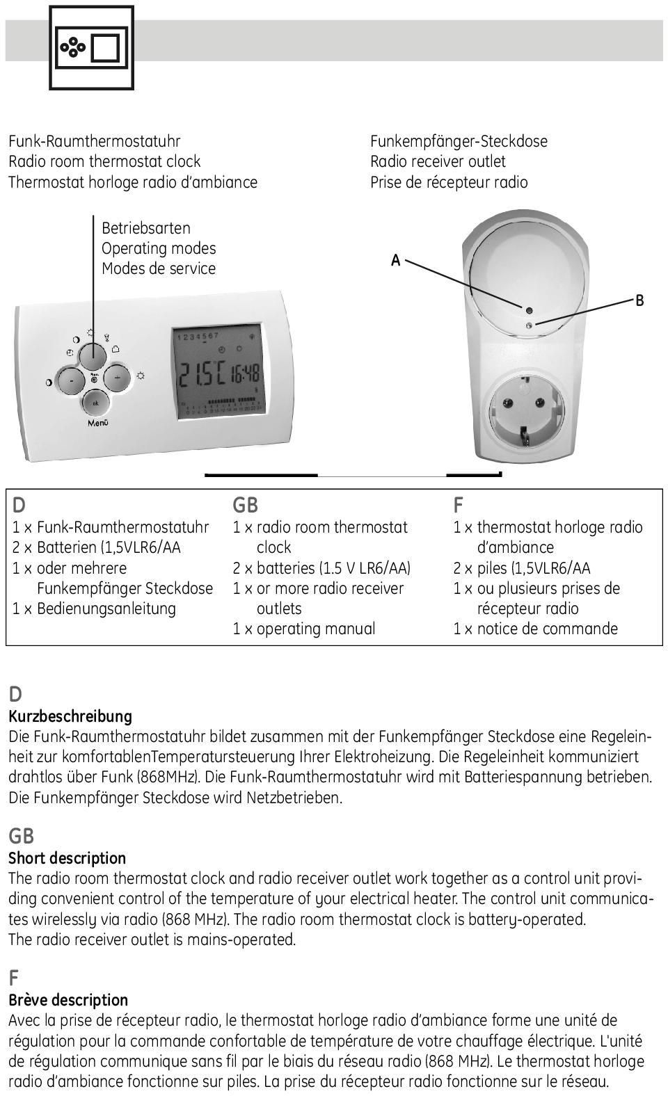 Bedienungsanleitung 1 x radio room thermostat clock 2 x batteries (1.