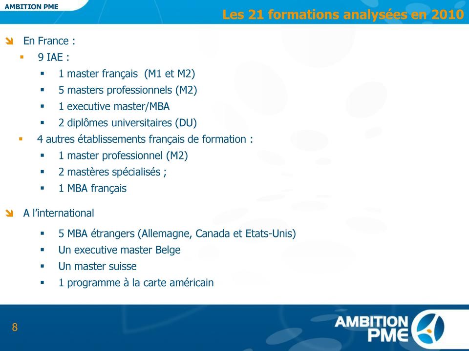 de formation : 1 master professionnel (M2) 2 mastères spécialisés ; 1 MBA français A l international 5 MBA