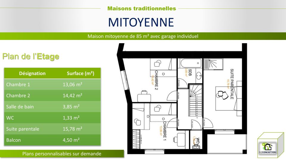 bain 3,85 m² WC 1,33 m² Suite parentale 15,78