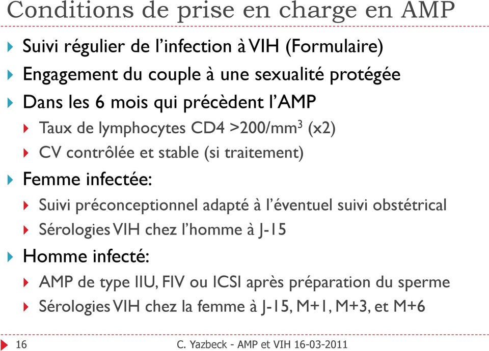 infectée: Suivi préconceptionnel adapté à l éventuel suivi obstétrical Sérologies VIH chez l homme à J-15 Homme infecté: AMP de