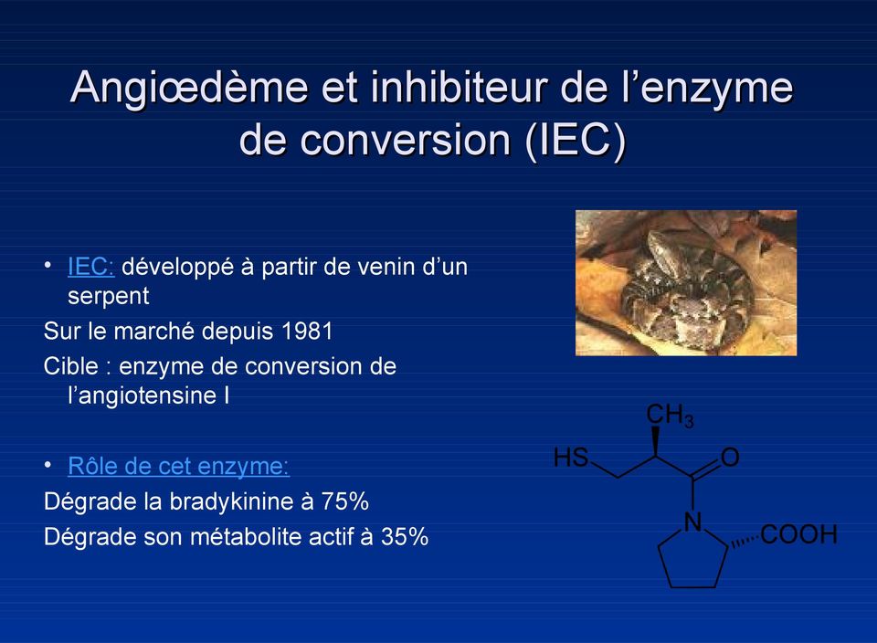 1981 Cible : enzyme de conversion de l angiotensine I Rôle de
