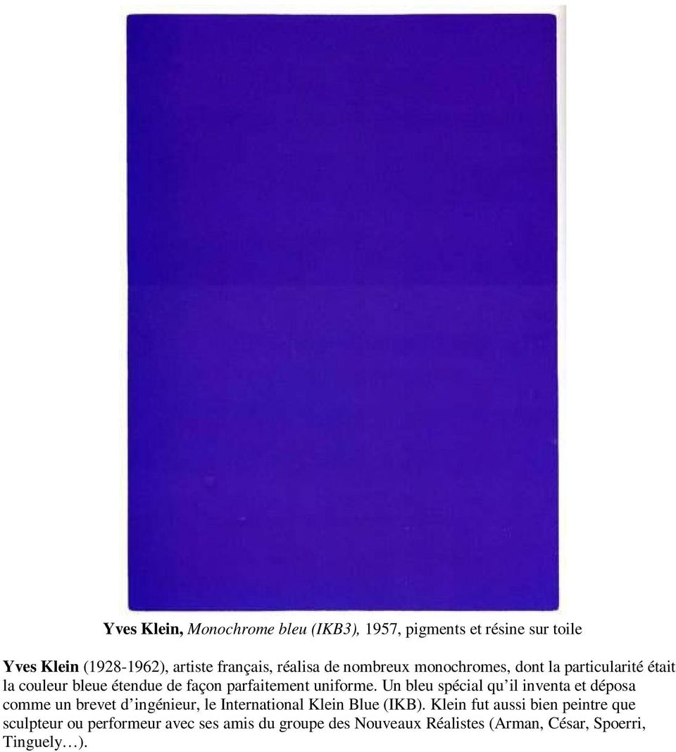 Un bleu spécial qu il inventa et déposa comme un brevet d ingénieur, le International Klein Blue (IKB).