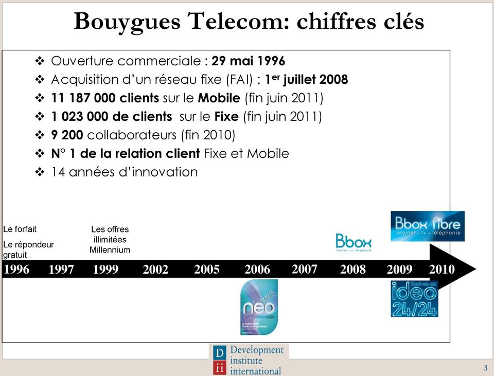 2011) 9 200 collaborateurs (fin 2010) N 1 de la relation client Fixe et Mobile 14 années d innovation Le