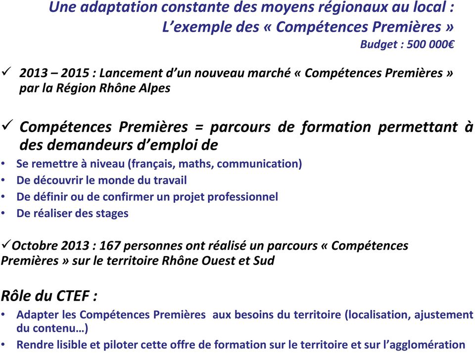 définir ou de confirmer un projet professionnel De réaliser des stages Octobre 2013 : 167 personnes ont réalisé un parcours «Compétences Premières» sur le territoire Rhône Ouest et Sud Rôle du
