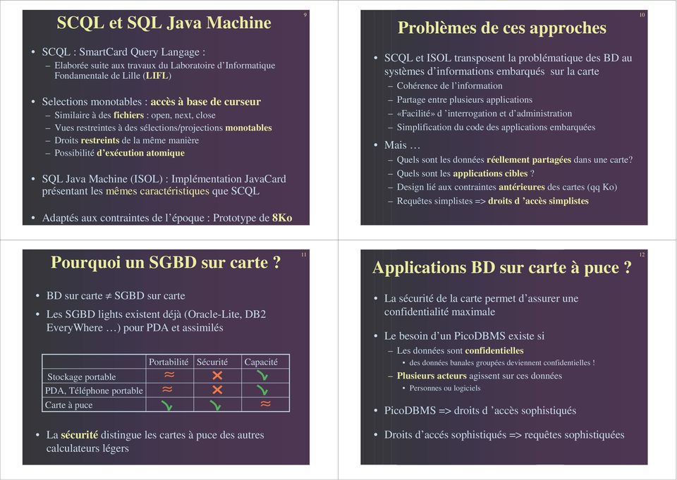 Java Machine (ISOL) : Implémentation JavaCard présentant les mêmes caractéristiques que SCQL SCQL et ISOL transposent la problématique des au systèmes d informations embarqués sur la carte Cohérence