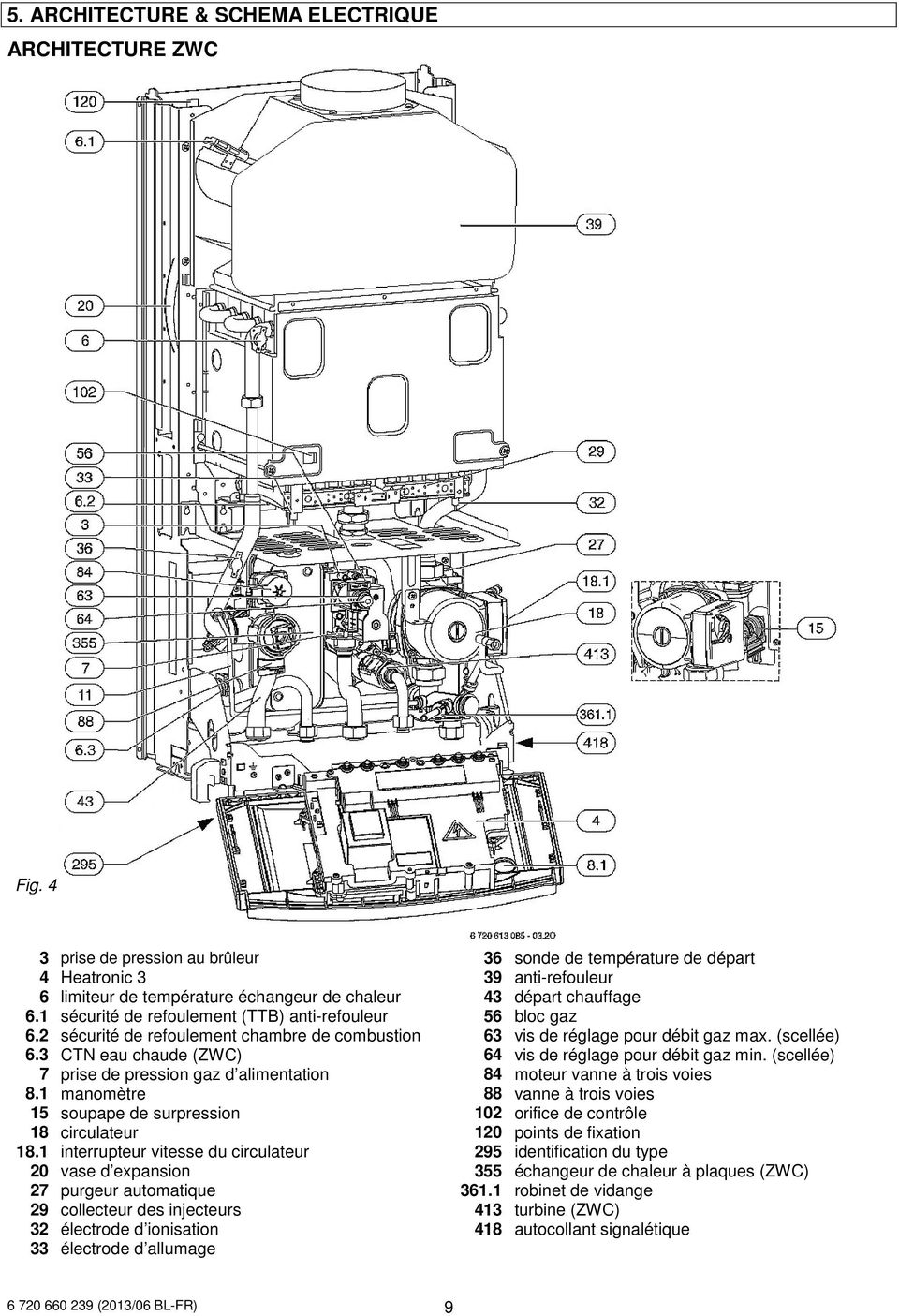 1 sécurité de refoulement (TTB) anti-refouleur 56 bloc gaz 6.2 sécurité de refoulement chambre de combustion 63 vis de réglage pour débit gaz max. (scellée) 6.