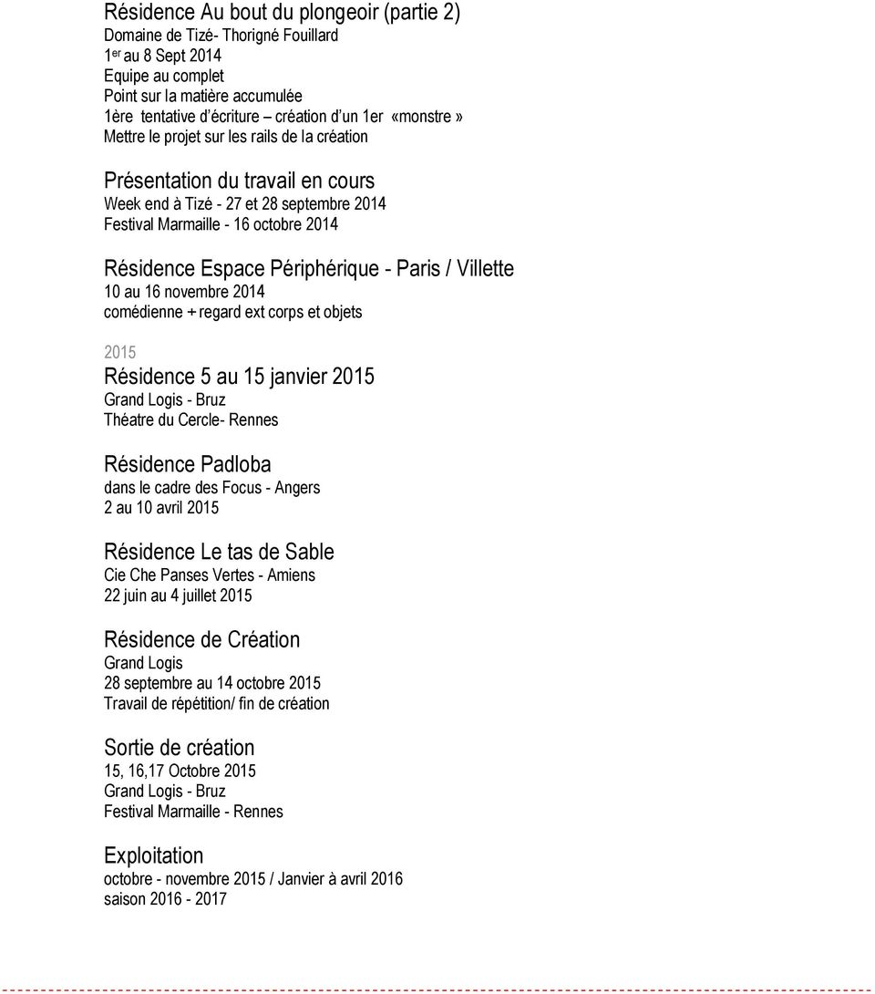 Paris / Villette 10 au 16 novembre 2014 comédienne + regard ext corps et objets 2015 Résidence 5 au 15 janvier 2015 Grand Logis - Bruz Théatre du Cercle- Rennes Résidence Padloba dans le cadre des