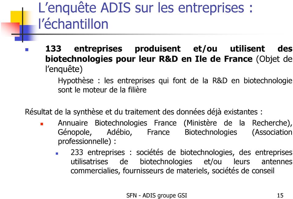 Annuaire Biotechnologies France (Ministère de la Recherche), Génopole, Adébio, France Biotechnologies (Association professionnelle) : 233 entreprises : sociétés de