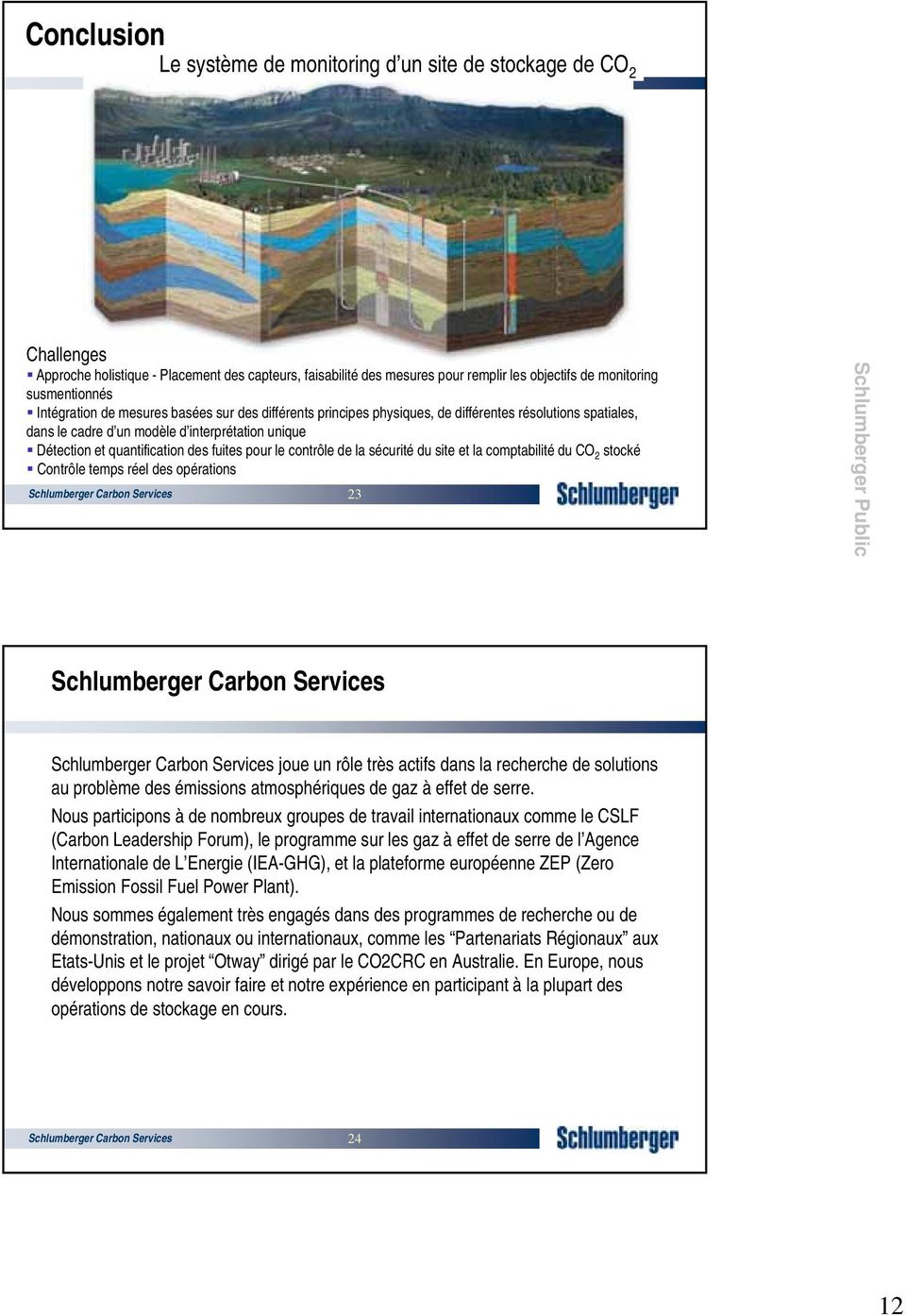 des fuites pour le contrôle de la sécurité du site et la comptabilité du CO 2 stocké Contrôle temps réel des opérations Schlumberger Carbon Services 23 Schlumberger Carbon Services 24 Schlumberger