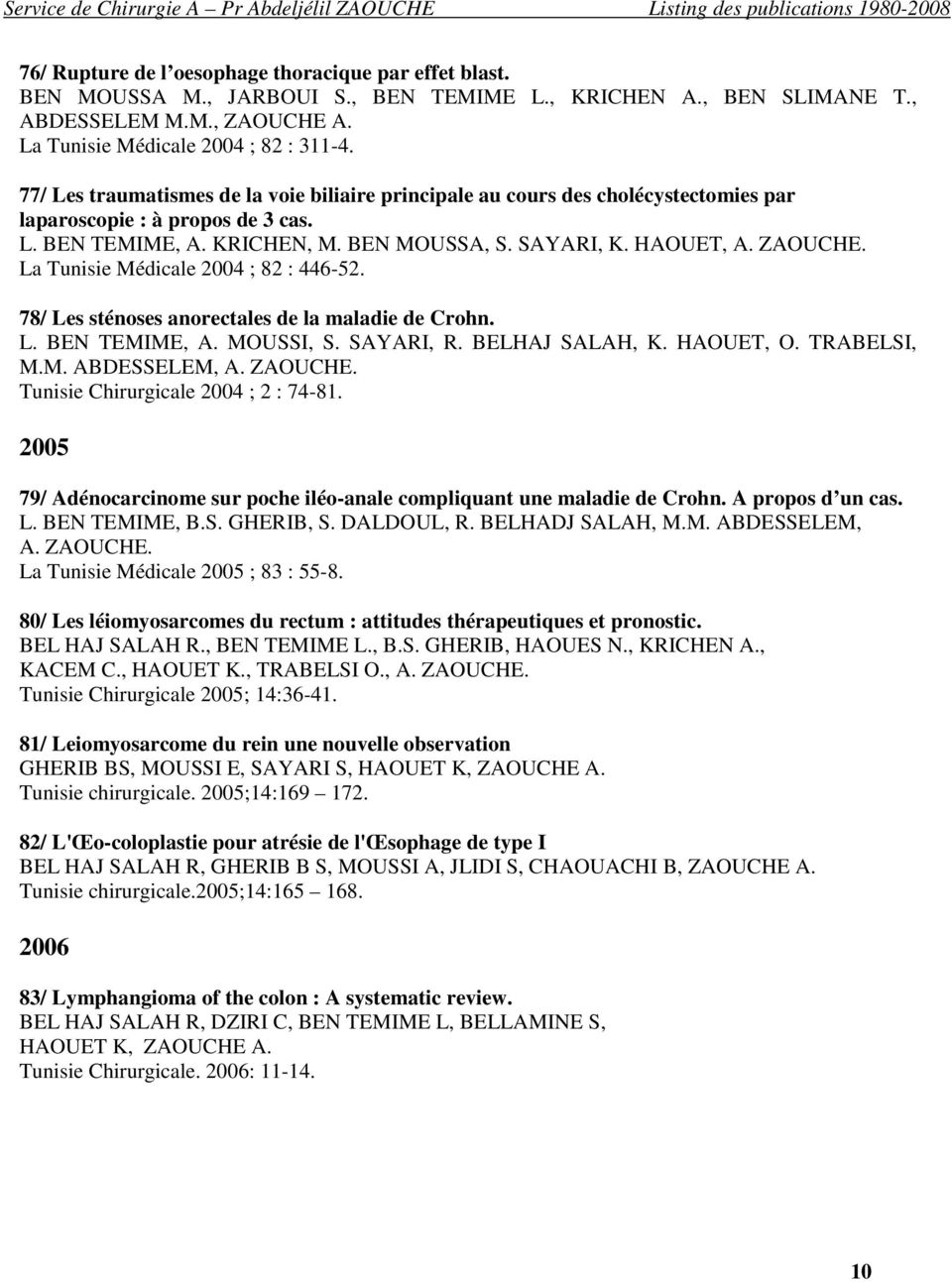 La Tunisie Médicale 2004 ; 82 : 446-52. 78/ Les sténoses anorectales de la maladie de Crohn. L. BEN TEMIME, A. MOUSSI, S. SAYARI, R. BELHAJ SALAH, K. HAOUET, O. TRABELSI, M.M. ABDESSELEM, A. ZAOUCHE.