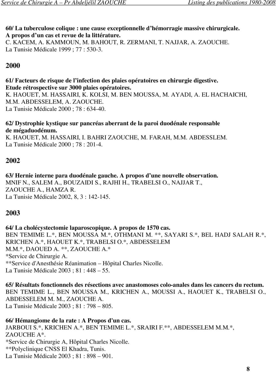 HASSAIRI, K. KOLSI, M. BEN MOUSSA, M. AYADI, A. EL HACHAICHI, M.M. ABDESSELEM, A. ZAOUCHE. La Tunisie Médicale 2000 ; 78 : 634-40.