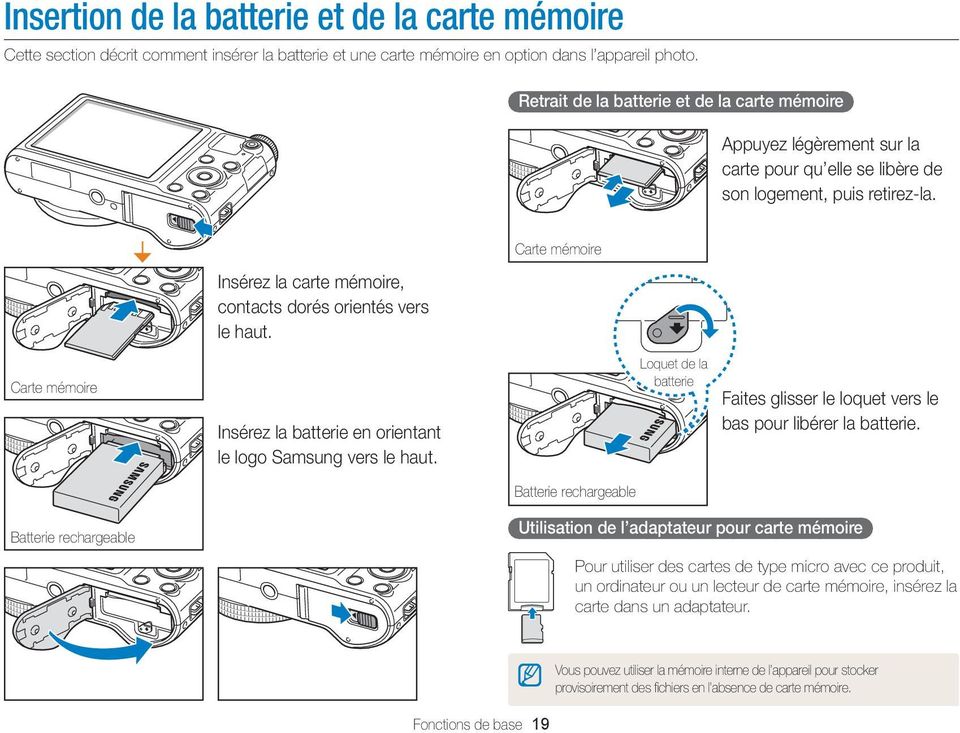 Carte mémoire Carte mémoire Insérez la batterie en orientant le logo Samsung vers le haut. Loquet de la batterie Faites glisser le loquet vers le bas pour libérer la batterie.