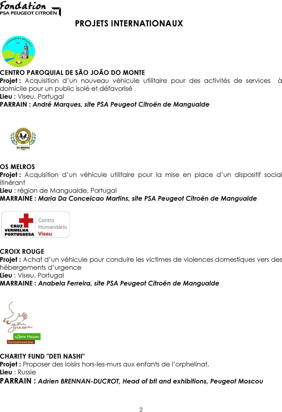 région de Mangualde, Portugal MARRAINE : Maria Da Conceicao Martins, site PSA Peugeot Citroën de Mangualde CROIX ROUGE Projet : Achat d un véhicule pour conduire les victimes de violences domestiques