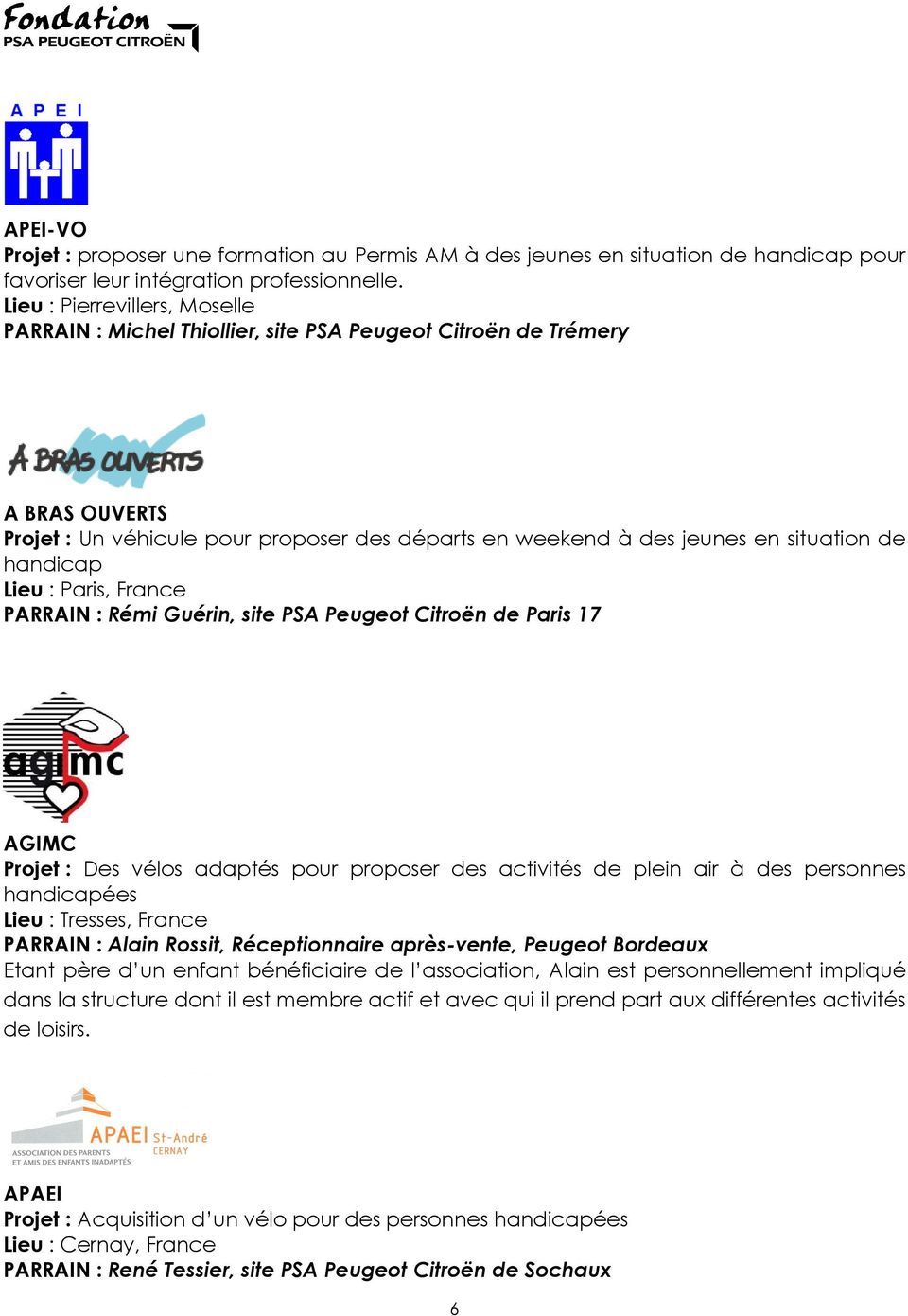 handicap Lieu : Paris, France PARRAIN : Rémi Guérin, site PSA Peugeot Citroën de Paris 17 AGIMC Projet : Des vélos adaptés pour proposer des activités de plein air à des personnes handicapées Lieu :