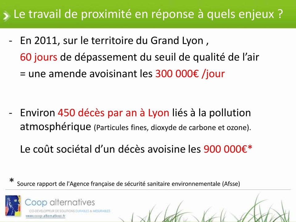 avoisinant les 300 000 /jour - Environ 450 décès par an à Lyon liés à la pollution atmosphérique (Particules