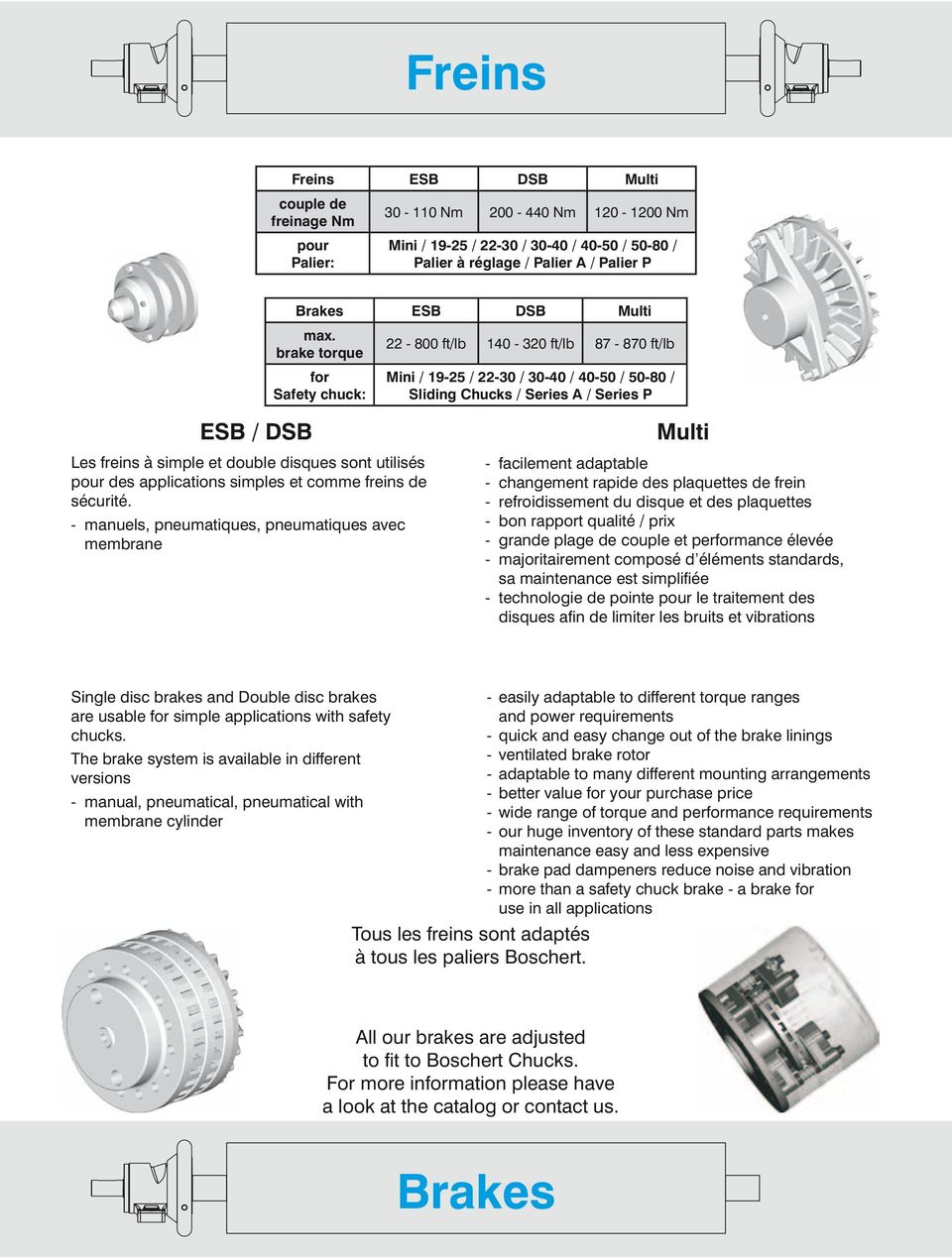 brake torque for Safety chuck: 22-800 ft/lb 140-320 ft/lb 87-870 ft/lb Mini / 19-25 / 22-30 / 30-40 / 40-50 / 50-80 / Sliding Chucks / Series A / Series P ESB / DSB Les freins à simple et double