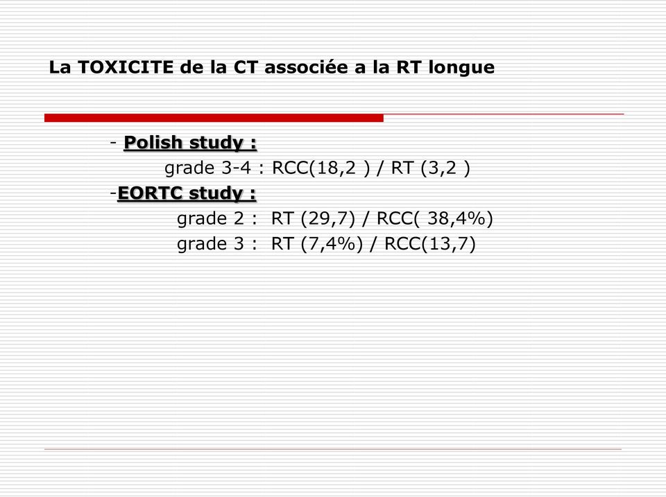 (3,2 ) -EORTC study : grade 2 : RT (29,7) /